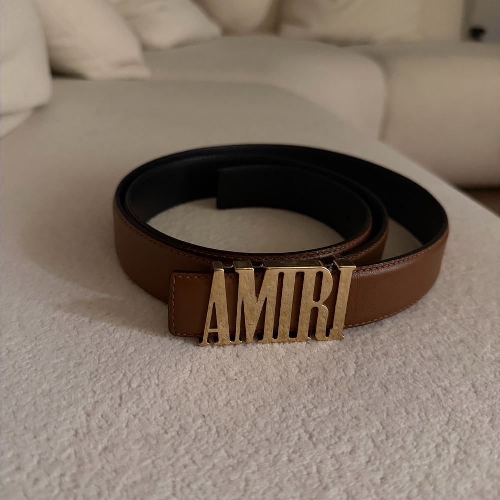AMIRI Brown Leather Belt with Gold AMIRI Logo Buckle